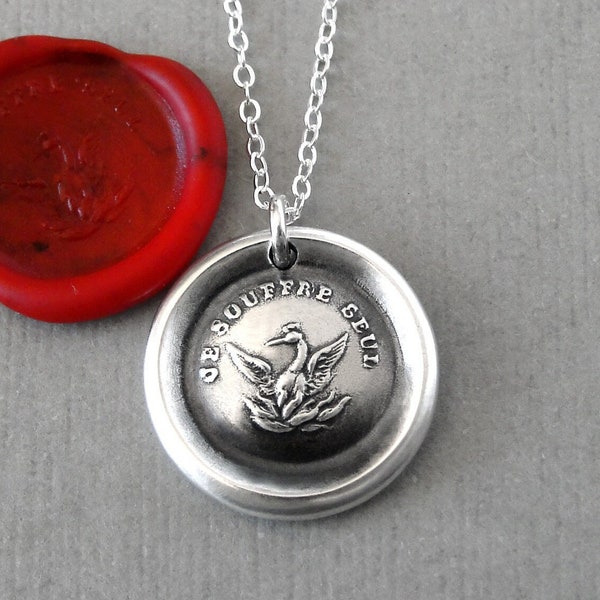 Phoenix Wax Seal Necklace Rise Again antique French wax seal charm jewelry Phenix motto I Suffer Alone by RQP Studio