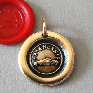 Friendship - Wax Seal Charm Clasped Hands - Antique Bronze Wax Seal Jewelry Friends Necklace