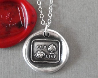 For You I Live - Wax Seal Necklace - Antique Silver Rebus Jewelry Love and Affection