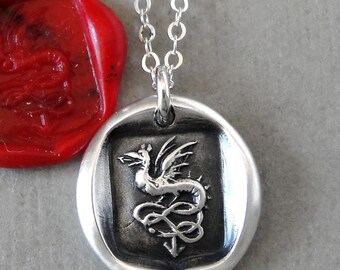 Silver Wyvern Necklace: Tiny Mythical Dragon Fragment From Antique Wax Seal