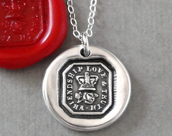 Friendship Love Truth - Wax Seal Necklace With Crown And Rose - Antique Silver Jewelry