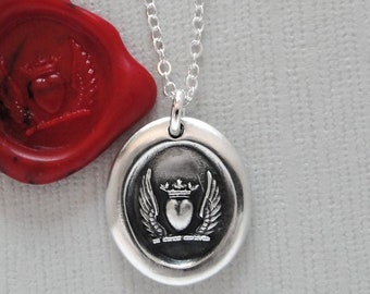 Winged Heart With Crown Wax Seal Necklace - Love - Antique Wax Seal Jewelry