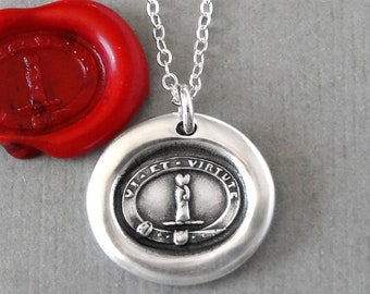 By Force And Valor - Wax Seal Necklace Miniature Hand Holding Heart Antique Silver Wax Seal Jewelry