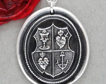 Love Hope Faith - Silver Wax Seal Necklace With Anchor Sacred Heart Chalice Shield Symbols