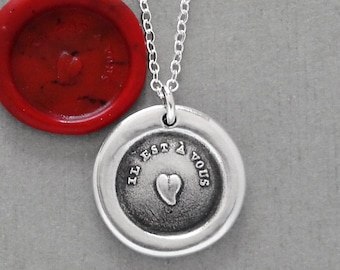 For You - Heart Wax Seal Necklace - Silver French Love Message Jewelry