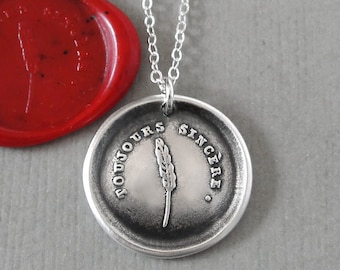 Always Sincere Wax Seal Necklace - Feather Quill Antique Wax Seal Jewelry French Motto Truth Honesty