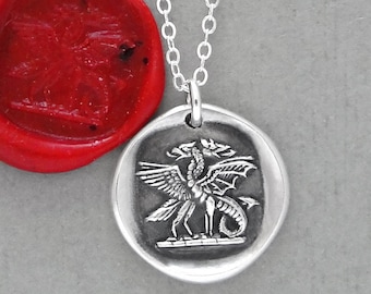 Wyvern and Eagle Entwined Wax Seal Necklace - Mythical Dragon Antique Wax Seal Jewelry