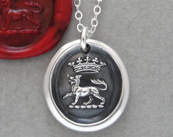 Crowned Wolf Wax Seal Necklace, Courage and Victory, Antiqued Silver Jewelry