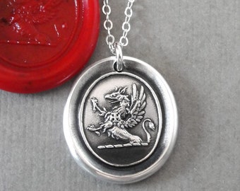 Griffin Wax Seal Necklace - Strength Courage Boldness - antique wax seal charm jewelry - gryphon with iron cross