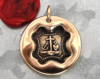 Faith Hope Love Wax Seal Pendant: antique bronze jewelry Cross Anchor Heart shield symbols