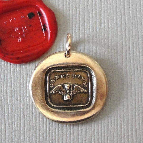 Carpe Diem Wax Seal Charm - Latin motto wax seal charm jewelry - Seize The Day with wings and hourglass