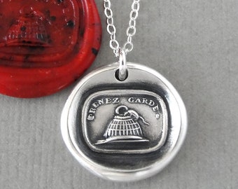 Be Careful - Mousetrap Wax Seal Necklace In Silver - Antique Silver Jewelry Take Care Motto