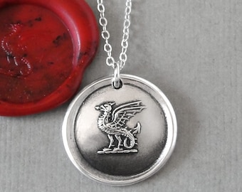 Wyvern Wax Seal Necklace - Antique Mythical Dragon Wax Seal Jewelry Protection Valor