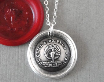 Peacock Wax Seal Necklace, Beauty Knowledge Power, Antique Silver Jewelry