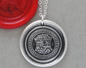 Wax Seal Necklace, Pious Though Valiant Motto, Antiqued Silver Jewelry, Spiritual Courageous