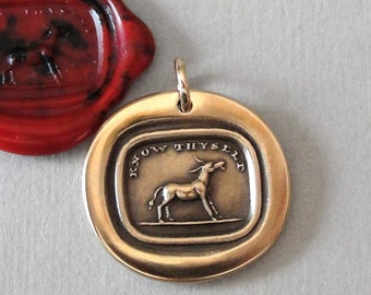 Know Thyself - Wax Seal Pendant - Patience Humility - Antique Donkey Wax Seal Jewelry In Bronze