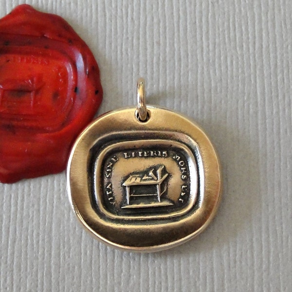 Life Without Literature Is Death - Wax Seal Pendant - Antique Bronze Wax Seal Jewelry Charm Learning Books