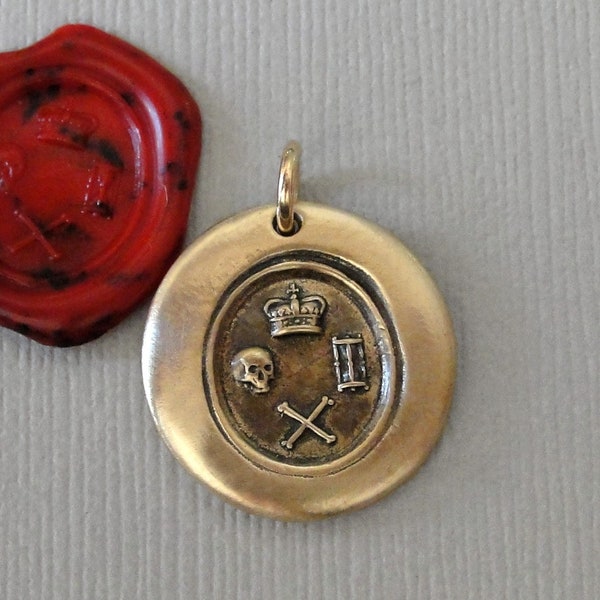 Memento Mori Wax Seal Pendant - Remember Your Mortality Skull Bones Crown - Antique Bronze Wax Seal Jewelry