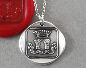 Silver Wax Seal Necklace With Believe Motto - Crown & Wheat Sheaf Heraldic Jewelry
