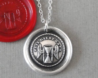 Wax Seal Necklace Time Gives Counsel - Silver Jewelry Winged Hourglass German Motto Charm