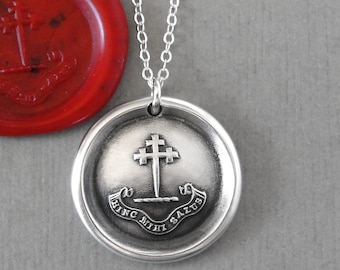 My Salvation - Cross Wax Seal Necklace In Antique Silver - Wax Seal Charm Jewelry With Latin Motto