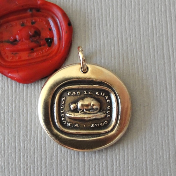 Cat Wax Seal Charm - Antique Wax Seal Jewelry Pendant French motto Wake Not The Cat That Sleeps