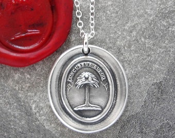 When Struck I Rise, Wax Seal Necklace Palm Tree, Antique Silver Jewelry, Victory Motto