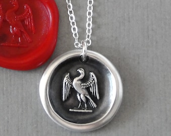 Tiny Falcon Wax Seal Necklace  - Antique Silver Wax Seal Jewelry Symbol of Majesty Power