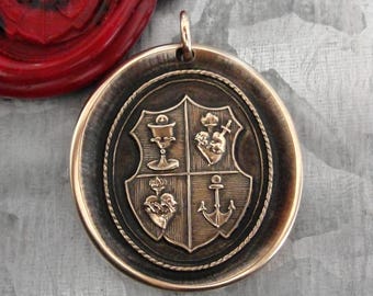Love Hope Faith, Wax Seal Necklace Pendant, Bronze Anchor Sacred Heart Chalice Symbols