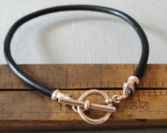 Leather Cord Bracelet Black Bronze Toggle Clasp - 3mm wide