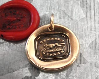 Fox Wax Seal Pendant - One Must Live Motto, Antique Bronze Jewelry, Wisdom Wit Symbol