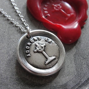 Worship - Wax Seal Necklace With Cross - Antique Silver Wax Seal Charm Jewelry