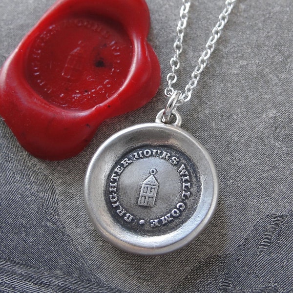 Lantern Wax Seal Necklace - Brighter Hours Will Come antique wax seal charm jewelry inspirational motto by RQP Studio