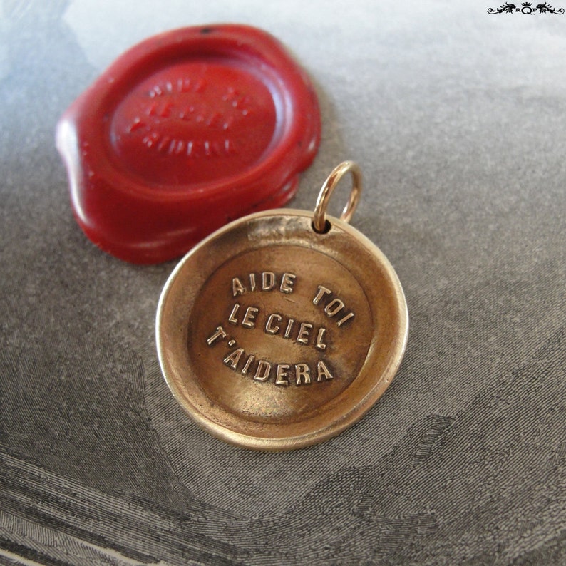 Heaven Helps Wax Seal Charm French proverb antique wax seal jewelry pendant motivational motto quote image 1