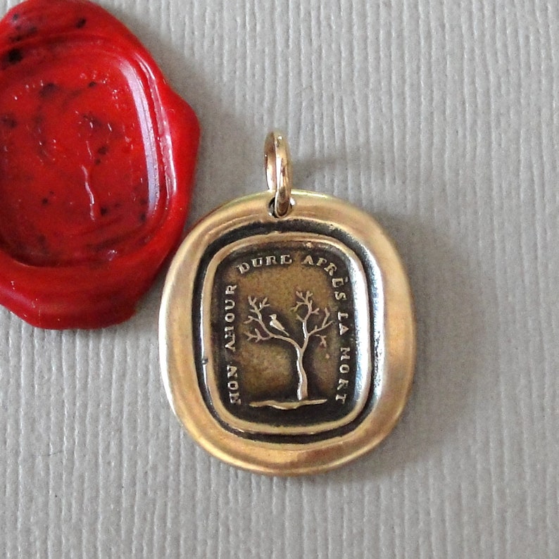 Mourning Wax Seal Charm My Love Lasts After Death Antique Seal Jewelry Pendant Dead Tree French Motto image 6