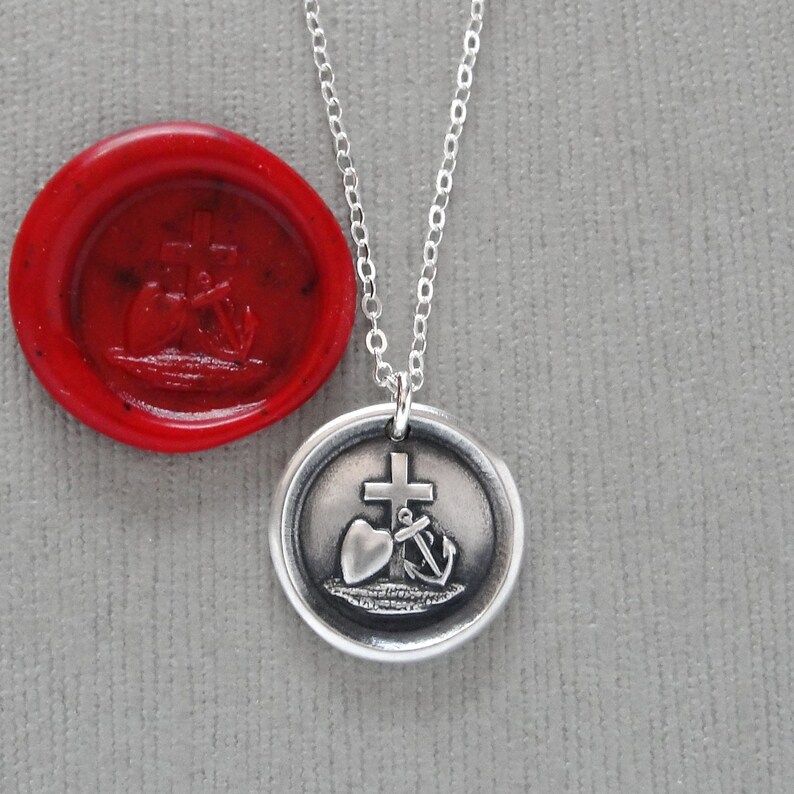 Faith Hope Love Wax Seal Necklace antique wax seal jewelry Cross Anchor Heart symbols by RQP Studio image 1