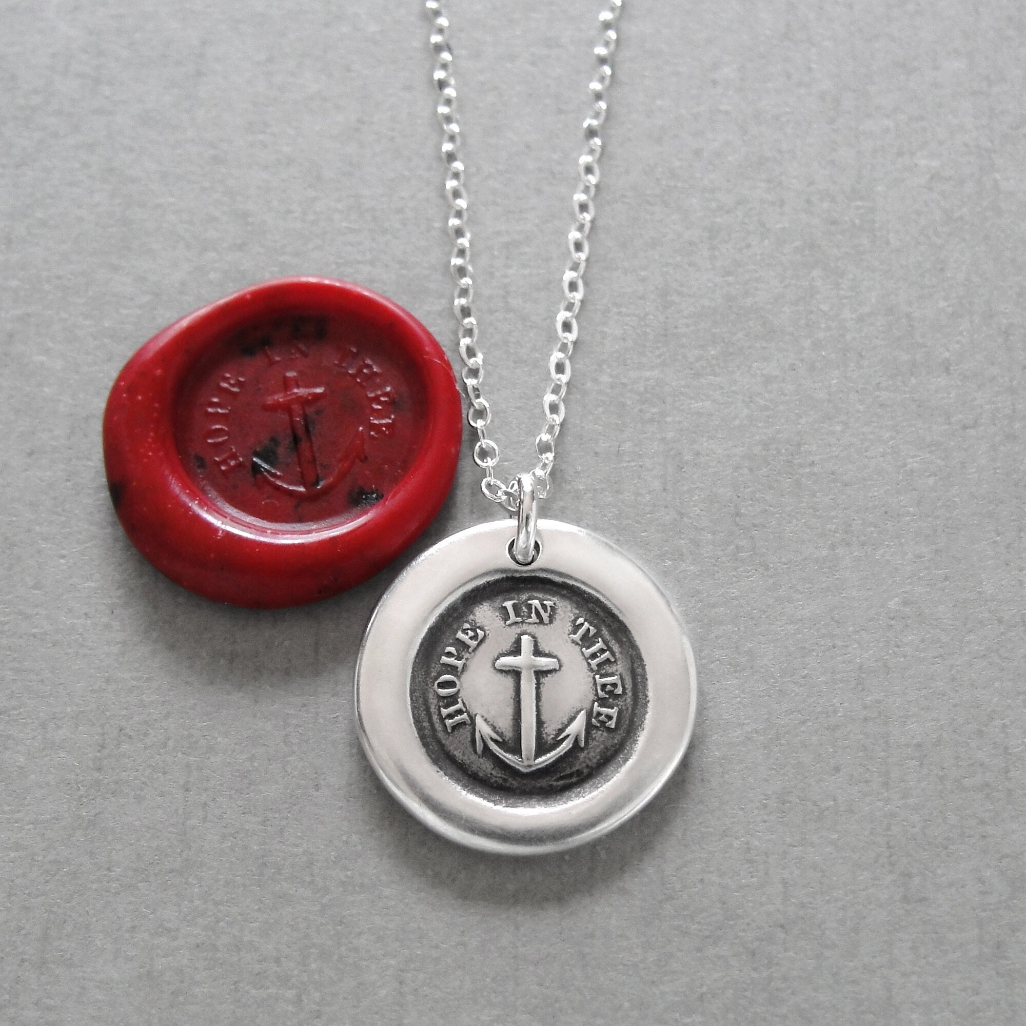 Collar con sello de cera y ancla "Esperanza en ti" - Joyería antigua con dije de sello de cera Cruz de marinero