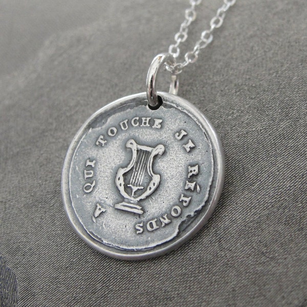 Lyre Wax Seal Necklace - music symbol harp antique wax seal charm jewelry French motto I Respond To Touch