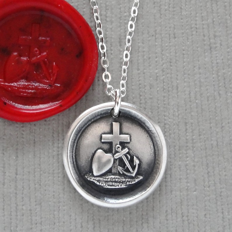 Faith Hope Love Wax Seal Necklace antique wax seal jewelry Cross Anchor Heart symbols by RQP Studio image 6