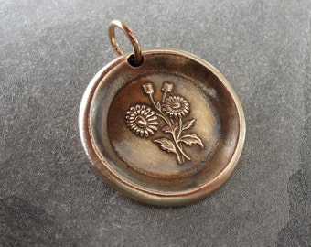 Daisy Wax Seal Charm - antique wax seal jewelry pendant in bronze - Language of Flowers - Beauty Innocence