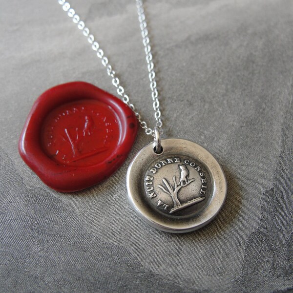 Night Teaches Wisdom Wax Seal Necklace - owl on branch antique French wax seal charm jewelry by RQP Studio