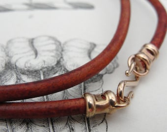 Distressed Reddish Brown 3mm Thick Leather Necklace Cord Bronze Clasp