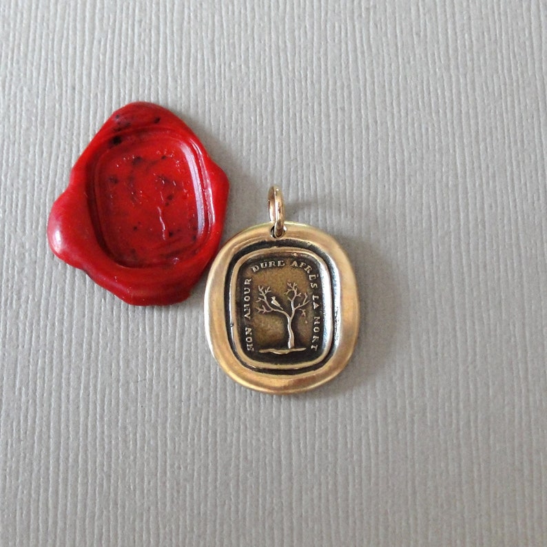 Mourning Wax Seal Charm My Love Lasts After Death Antique Seal Jewelry Pendant Dead Tree French Motto image 1