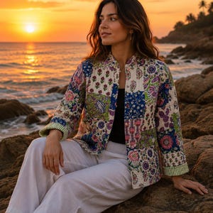 Handmade Kantha Quilted Jacket for Women, Floral Patchwork Cotton Jacket, Boho Coat, Indian Block Print Jacket, Gift for Her