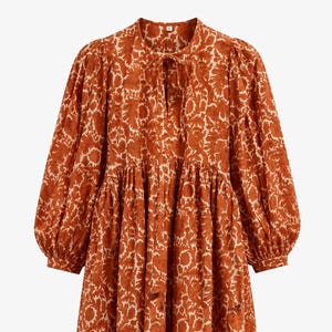 Rust Orange Boho Maxi Dress for Women, gifts for her, Puff Sleeve Floral Dress, Cottagecore Midi Dress, Loose Fit Vintage Style Dress