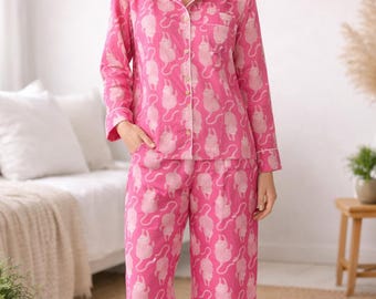 Pink Cat Pajama Set Women Cotton, Cute Animal Print Sleepwear, Soft Lounge Set, Cozy Night Suit, Gift for Cat Lover...