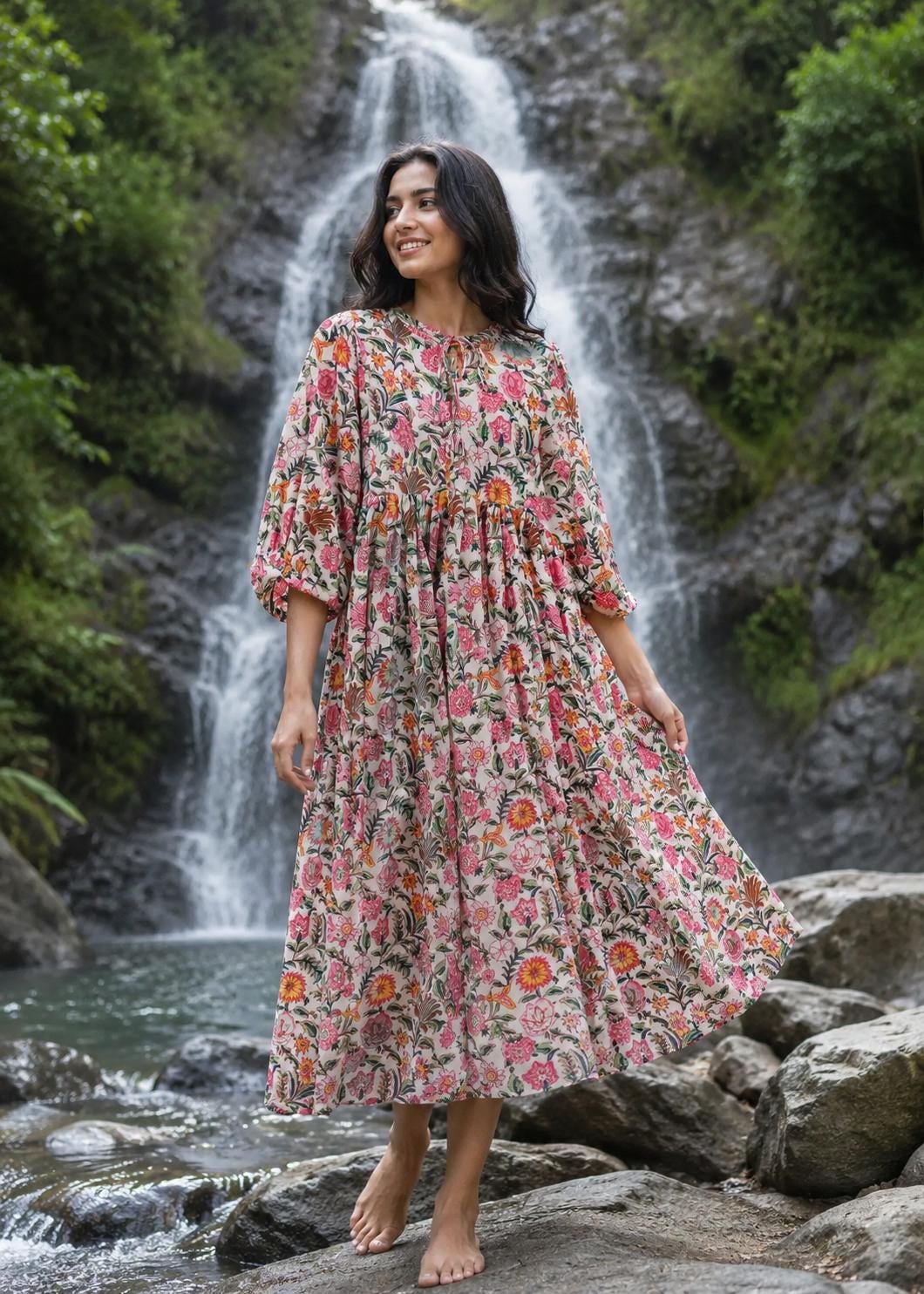 Pink Floral Cotton Gauze Midi Dress, Boho Puff Sleeve, Cottagecore Summer Vacation