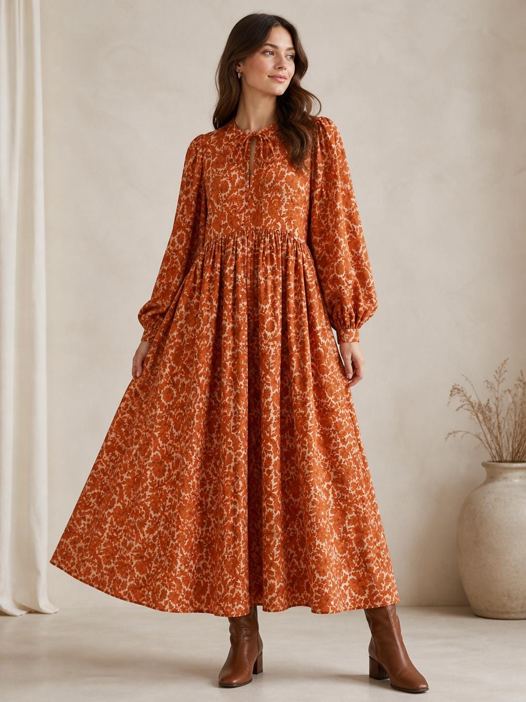 rust orange boho dress Maxi Dress, Puff Sleeve Floral Cotton Gauze, Loose Vintage Style Tunic dress with