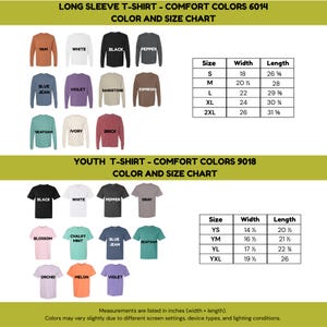 May include: Color and size chart for long sleeve and youth t-shirts. The long sleeve chart includes colors like Yam, White, Black, and Pepper. The youth chart features colors such as Blossom, Chalky Mint, and Blue Jean. Measurements are listed in inches.