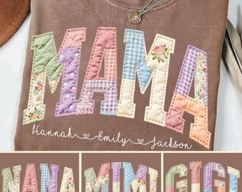Custom Patchwork Floral Mama Comfort Colors T-shirt Grandma Core Shirt Faux Embroidered Mom Shirt Varsity Mom Shirt Quilt Patchwork Mama